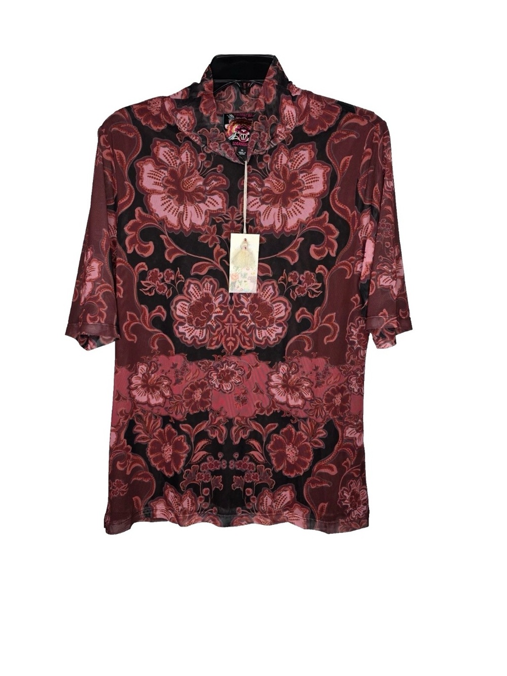 Johnny Was Black Pink Floral Mesh Mock Neck Short Sleeve Top XL